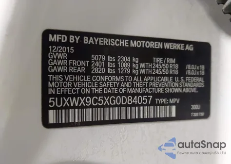 2016 BMW X3 xDrive28I z USA, uszkodzony, nr VIN 5UXWX9C5XG0D84057